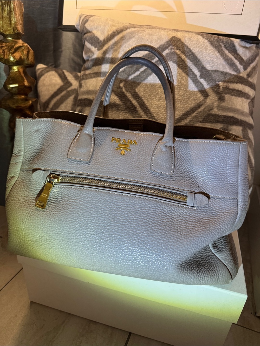 Prada Taupe Pebbled Leather Satchel with Gold Hardware - Picture 4 of 10